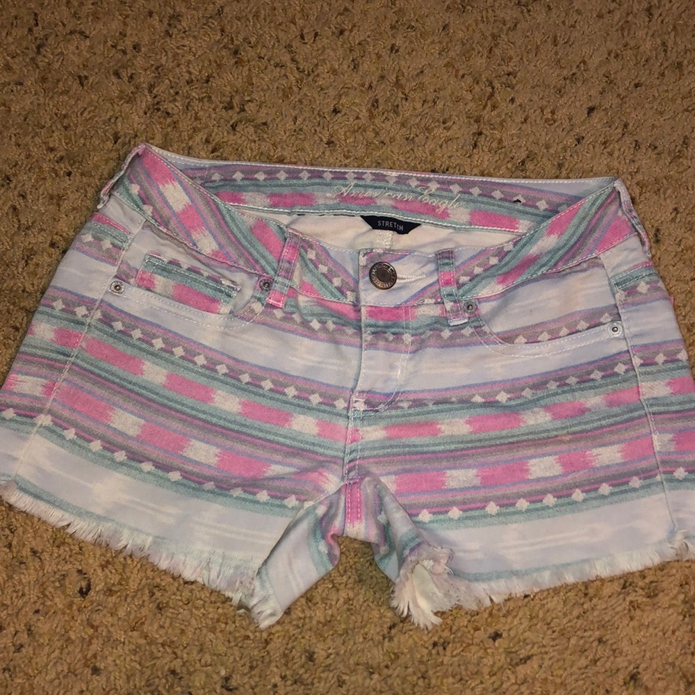 American Eagle boho patterned jean shorts.